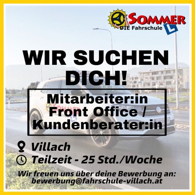 WIR ERWEITERN UNSER TEAM!
✅ Du hast Freunde am Umgang mit jungen Menschen?
✅ Du bist zuverlässig, motiviert und verfügst über Organisationstalent sowie gute EDV-Kenntnisse?
✅ Du hast Berufserfahrung im Büro?
Dann bewirb dich jetzt und werde Teil des Sommer-Teams!
Wir freuen uns über deine Bewerbung per Mail an: bewerbung@fahrschule-sommer.at #fahrschulesommer #fahrschule #villach #fahrschulevillach #jobsinvillach #jobvillach