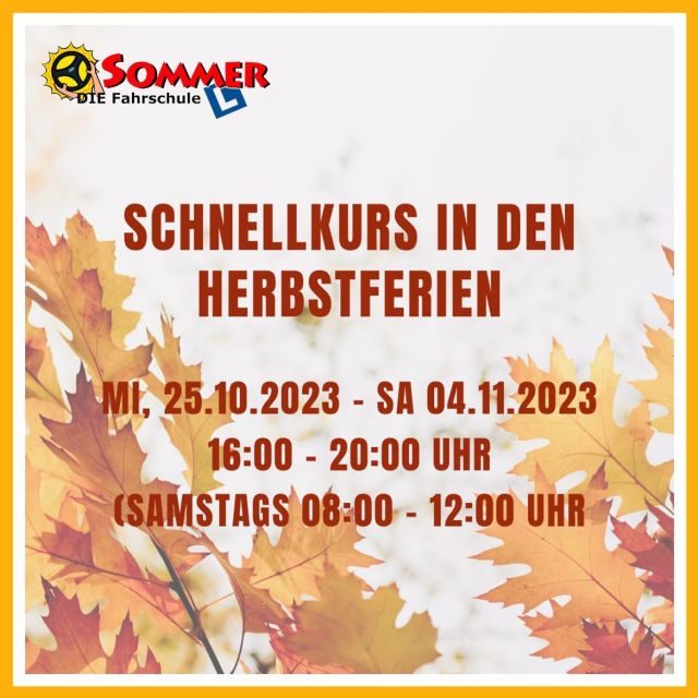 🍁🍂 Die Schule hat eben erst begonnen und schon stehen die Herbstferien vor der Tür 🍂🍁 
Am MI, 25.10.2023 beginnt unser nächster PKW-Schnellkurs, für den ihr euch natürlich noch jederzeit anmelden könnt. Kurzentschlossene können einfach am ersten Kurstag eine halbe Stunde vor Kursbeginn zu uns in die Fahrschule kommen, wir haben immer einen Platz frei 😊. Der Einstieg ist an jedem Tag während des Kurses möglich! Weitere Infos erhältst du unter 04242/23660 oder auf www.fahrschule-sommer.at.
#fahrschulesommer #fahrschule #villach #fahrschulevillach #führerschein #autoführerschein #schnellkurs #herbstferien #wirfreuenunsaufeuch