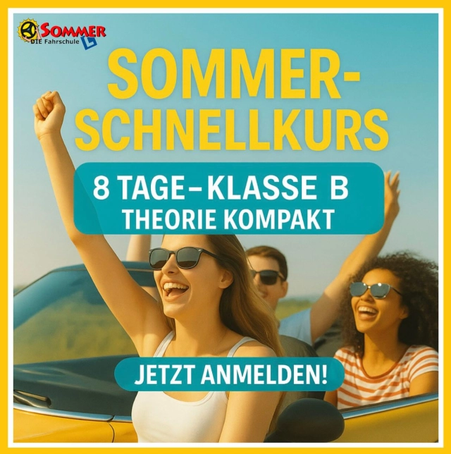 🚗☀️ Sommer-Schnellkurs bei der Fahrschule Sommer - Mach deinen PKW-Theoriekurs in nur 8 Tagen! ☀️🚗

Du willst den Sommer sinnvoll nutzen und endlich den Führerschein machen? Dann melde dich jetzt zu einem unserer beliebten Sommer-Schnellkurse an:

📅 Termine Sommer 2025:
	•	23.06. - 03.07. 16 - 20 Uhr
	•	09.07. - 18.07. 9 - 13 Uhr
	•	04.08. - 13.08. 9 - 13 Uhr (05.08. 13 - 17 Uhr)
	•	29.08. - 06.09. 9 - 13 Uhr (29.08. 16 - 20 Uhr & 02.09. 13 - 17 Uhr).

Was dich erwartet:
✅ Theorieeinheiten in 8 Tagen - kompakt & effizient
✅ Intensives Lernen mit Gleichaltrigen
✅ Tolle Community & ein motiviertes Team

📍 Standort: Fahrschule Sommer, Bahnhofplatz 9, Villach
➡️ Jetzt anmelden: Komm einfach persönlich zu uns in die Fahrschule oder schnell & unkompliziert auf unserer Website über das Online-Formular.￼

#fahrschulesommer #fahrschulevillach #führerschein #führerscheinvillach #autoführerschein #klassseb #bdual #bl17 #sommerschnellkurs #pkwschnellkurs #jetztdurchstarten