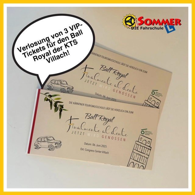 🎉 GEWINNSPIEL 🎉
Wir verlosen 3 VIP-Karten für den KTS-Maturaball 2025! 💃🕺

📍 Congress Center Villach
📅 6. Juni 2025
✨ Ball Royal Finalmente al dente - Jetzt wird genossen!

So machst du mit:

✅ Folge unserem Account
❤️ Like diesen Beitrag
👯‍♀️ Markiere in den Kommentaren 2 Freunde, mit denen du gerne feiern würdest!

🔄 BONUSCHANCE!
✨ Du willst deine Gewinnchance verdoppeln?

📲 Teile diesen Beitrag in deiner Story und verlinke uns!
📝 Oder schreibe uns in den Kommentaren, warum DU unbedingt zum Ball willst – kreativ sein lohnt sich!

📆 Teilnahmeschluss: 5. Juni 2025, 20:00 Uhr
📩 Der/die Gewinner/in wird per DM benachrichtigt.

💫 Viel Glück 🍀 
#KTSMaturaball2025 #ballroyal #CongressCenterVillach #Ballnacht #Gewinnspiel #Verlosung