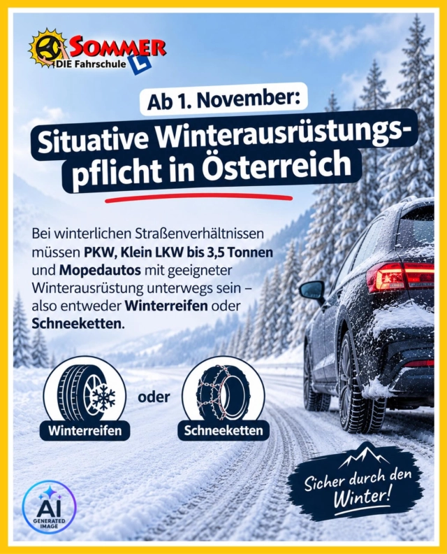 ❄️🚗 Sicher durch den Winter! Ab 1. November gilt wieder die situative Winterausrüstungspflicht! 🚗❄️

Für wen gilt die Winterausrüstungspflicht?

🔹 PKW
🔹 Klein-LKW bis 3,5 Tonnen
🔹 Mopedautos

Was musst du beachten?

Bei winterlichen Fahrbahnverhältnissen (Schnee, Schneematsch oder Eis) müssen die betroffenen Fahrzeuge entsprechend ausgerüstet sein.

🛞 Winterreifen: Bei winterlichen Fahrbahnverhältnissen müssen auf allen Rädern Winterreifen montiert sein.

⛓️ Schneeketten: Alternativ können Schneeketten auf mindestens zwei Antriebsrädern verwendet werden, wenn die Fahrbahn durchgehend oder nahezu durchgehend mit Schnee oder Eis bedeckt ist.

⚠️ Wichtig: Wer ohne die vorgeschriebene Ausrüstung unterwegs ist, riskiert nicht nur eine Strafe, sondern gefährdet auch sich selbst und andere Verkehrsteilnehmer.

💡 Unser Tipp: Kontrolliere rechtzeitig deine Reifen, die Profiltiefe und den Zustand deiner Winterausrüstung. So bist du bestens auf die kalte Jahreszeit vorbereitet!

Wir wünschen euch eine sichere Fahrt durch die Wintersaison! ❄️🚘

#fahrschulesommer #winterausrüstungspflicht #winterreifenpflicht #verkehrssicherheit #sicherdurchdenwinter